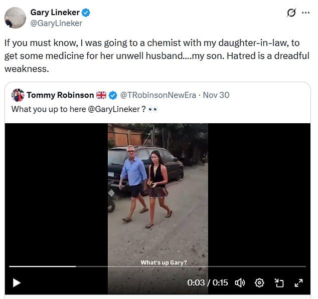 Gary Lineker se defiende de Tommy Robinson en una disputa en línea por un vídeo de la ex estrella del Partido del Día con su nuera.