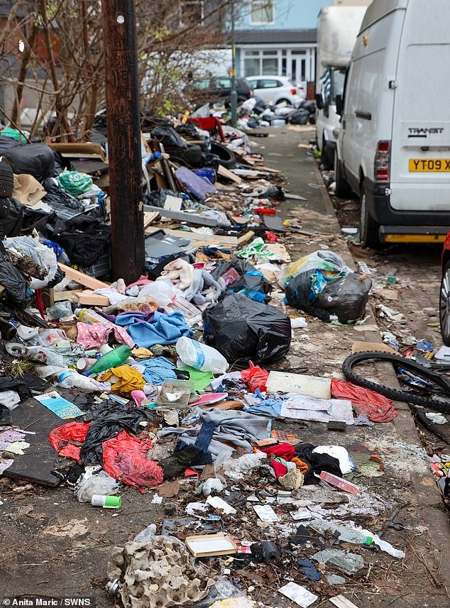 Árboles de Navidad y oropel desechados ensucian las calles de Birmingham en medio de la miseria de la huelga de contenedores