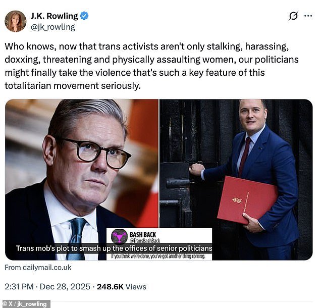 JK Rowling insta a los políticos a tomar en serio las amenazas de los activistas trans después de que el Mail revelara que la mafia planeaba destruir las oficinas de los ministros de alto rango.