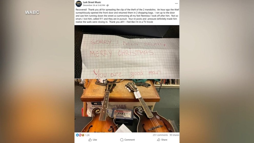 Ladrón de vídeos devuelve mandolinas robadas a tienda de guitarras con carta de disculpa