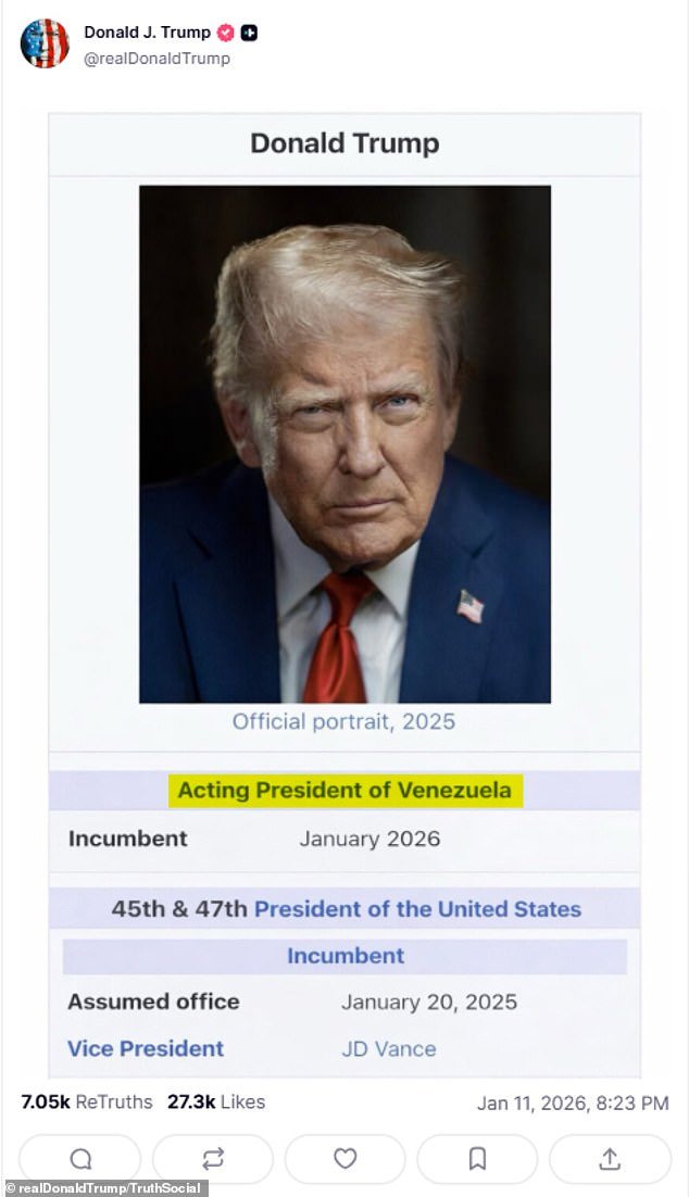 Trump se declara “presidente interino de Venezuela” en una publicación críptica en las redes sociales.