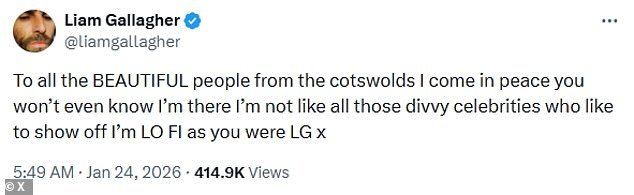 Liam Gallagher confirma que ha comprado la mansión de Tony Adams en los Cotswolds por valor de 4,2 millones de libras y les dice a sus nuevos vecinos: “Vengo en paz”