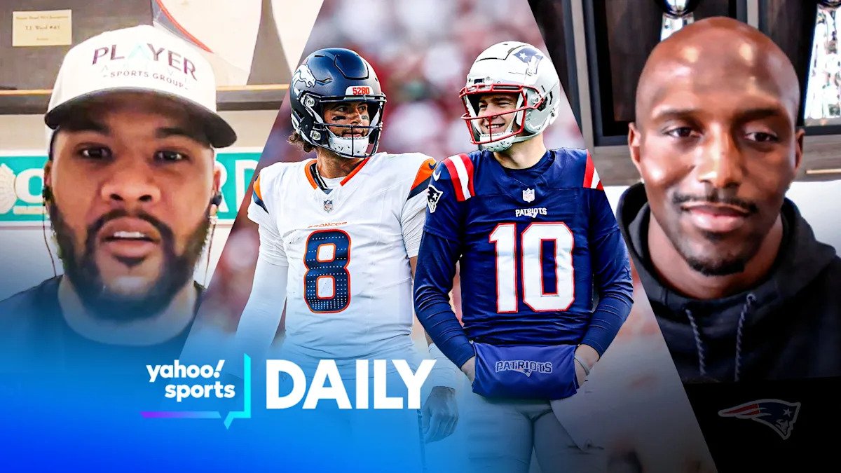 Broncos HC Sean Payton y Patriots WR Kayshon Boutte van y vienen antes del juego de Campeonato de la AFC del domingo