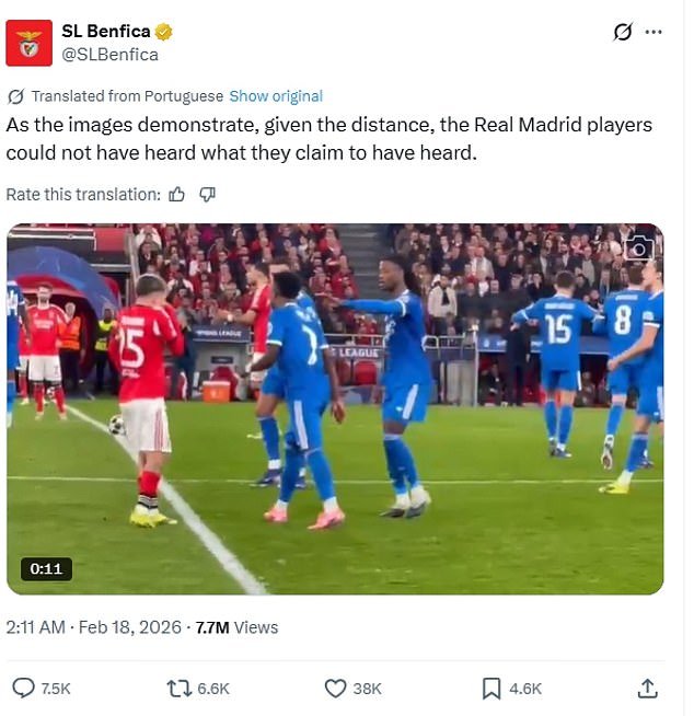 El Benfica hace una increíble afirmación pública de que los jugadores del Real Madrid mienten sobre insultos raciales en nuevas imágenes