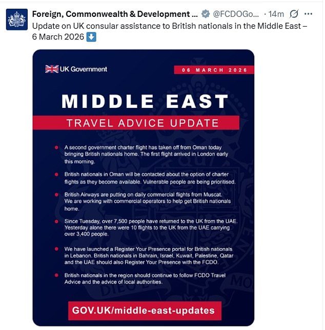 El segundo vuelo de repatriación británico despega de Omán mientras los británicos se apresuran a huir de Oriente Medio