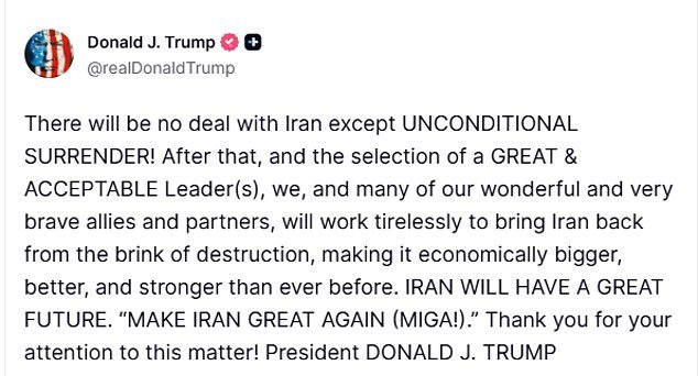 Trump dice que sólo aceptará la “rendición incondicional” de Irán antes de que pueda haber paz