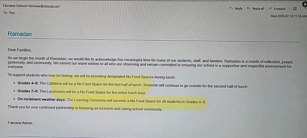 El colegio canadiense Woke prohíbe a los niños comer en su cafetería y comedor para no ofender a los estudiantes musulmanes durante el Ramadán