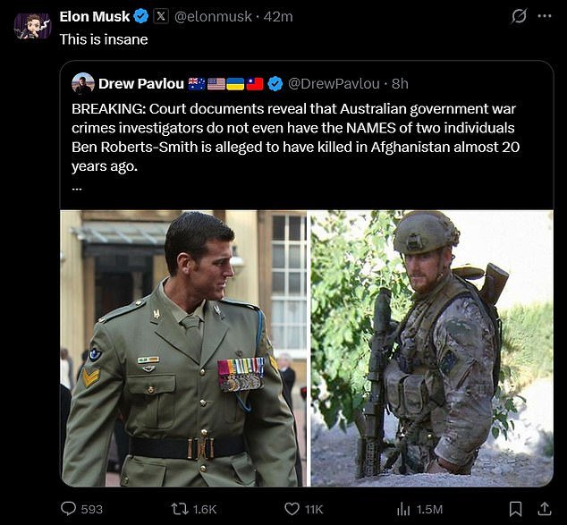 Elon Musk reitera los comentarios de Ben Roberts-Smith después de que el exsoldado australiano del SAS fuera acusado de crímenes de guerra