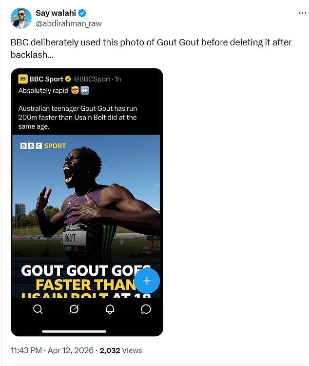 La BBC está siendo criticada por eliminar la publicación sobre Gout Gout, mientras que la estrella estadounidense amargada afirma que la sensación australiana se convertirá en el “hazmerreír” en su próxima carrera.