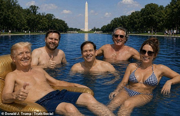 Trump sin camisa se enfurece con una mujer en bikini en una espiral de ira controlada por IA que confunde a todos sobre el misterioso miembro del ‘gabinete de la piscina’.