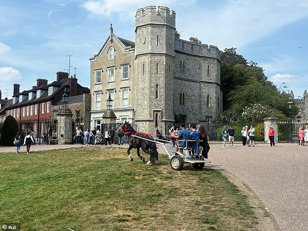 Los viajeros montan a caballo y en carros a pocos metros del Castillo de Windsor, a pesar de estar prohibidos en la popular Caminata Larga de la realeza.